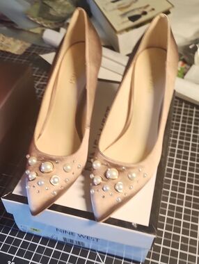 Nine West Pearl-Embellished Pointed Toe Pumps in Blush Pink